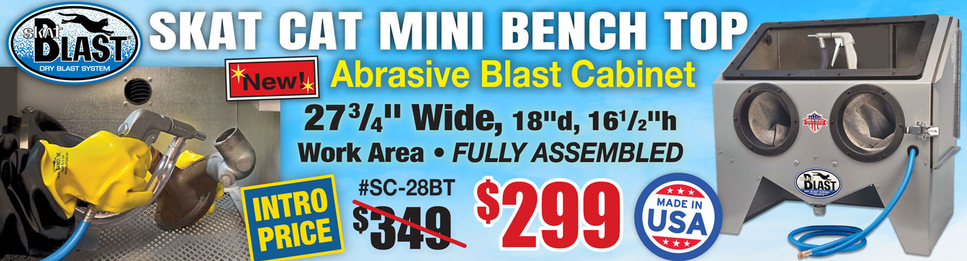 Promotional banner image: Shop NEW Skat Blast® MINI Bench Top Blast Cabinet