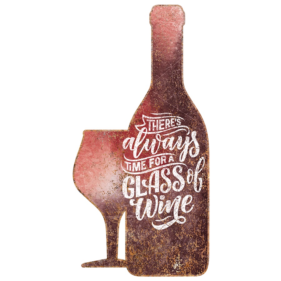 Wine and Glass - Embossed Die-Cut Aluminum-Style Sign - 5-3/4" x 11-1/2"