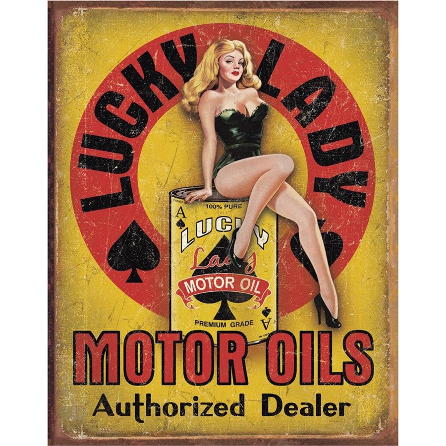 Lucky Lady Motor Oil Tin Sign - 12-1/2"W x 16"H