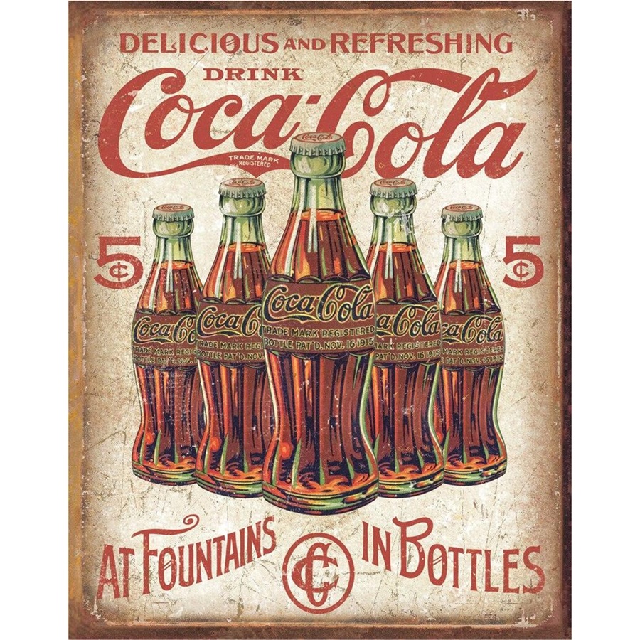 COKE - 5 Bottles Retro Tin Sign - 12-1/2"W x 16"H