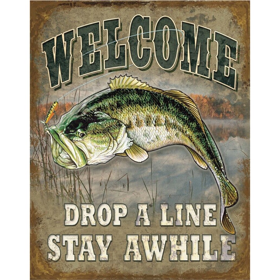 Welcome Bass Fishing Tin Sign - 12-1/2"W x 16"H