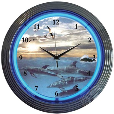 Dolphins at Sea Neon Wall Clock