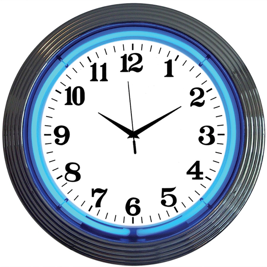 Chrome Rim Blue Neon Wall Clock