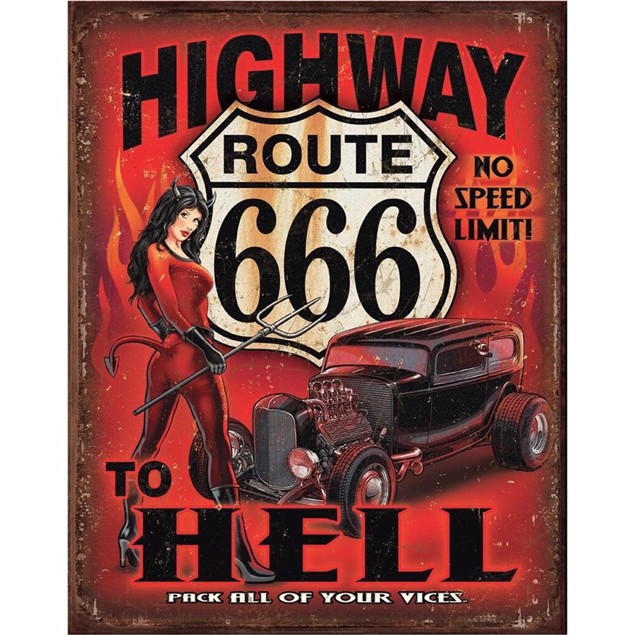 Route 666 - Highway to Hell Tin Sign - 12-1/2"W x 16"H