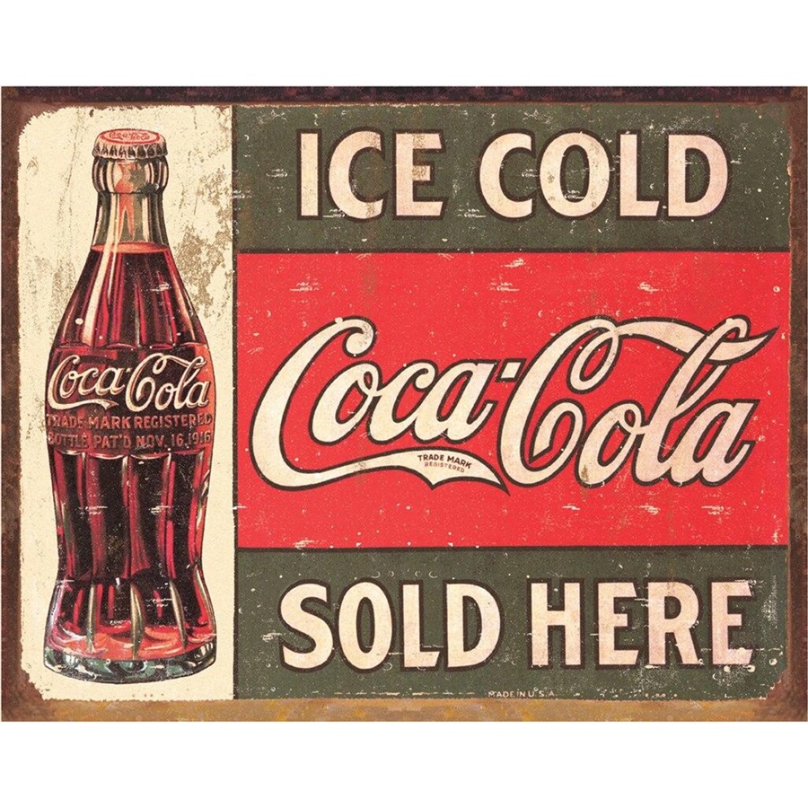 COKE - c.1916 Ice Cold Tin Sign - 16"W x 12-1/2"H