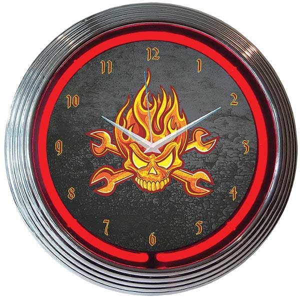 Mechanic Fire Skull & Wrenches Neon Wall Clock